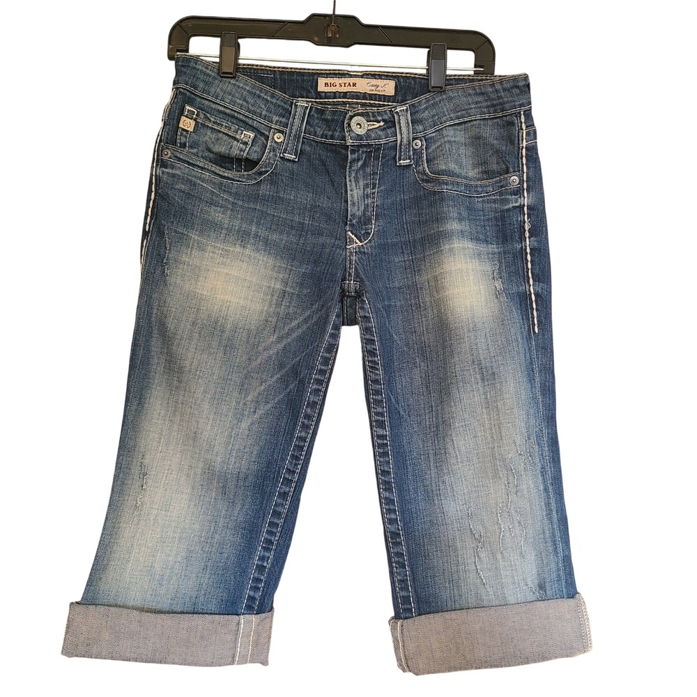 Big Star Casey JC Capris Women 29 Blue Good Low Rise Thick Stitch Denim Cropped